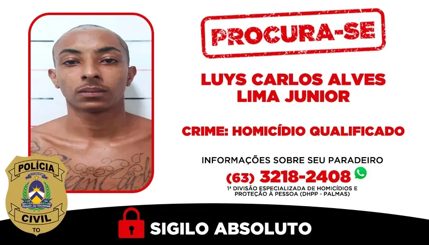 Informações sobre seu paradeiro podem ser fornecidas à 1ª DHPP-PALMAS através do WhatsApp (63) 3218-2408.